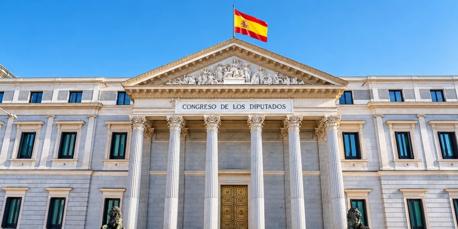 La fachada del Congreso de los Diputados, en Madrid, con la bandera de España ondeando.